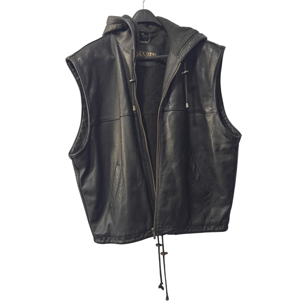 Vintage‎ Danier Mens Black Pebbled Leather Hooded Vest wool Lined Zip Up XS/TP
